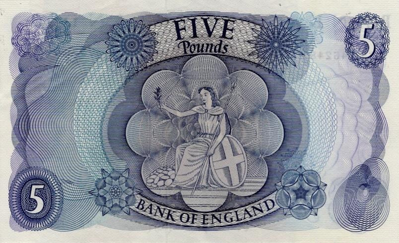ENGLAND P.375b B312 1966-1970 Fforde £5 GEF X85