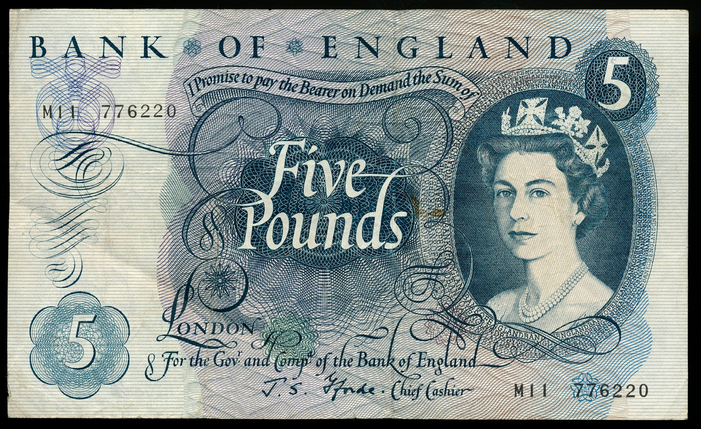 ENGLAND P.375b B313 1966-1970 Replacement Fforde £5 Good fine M11