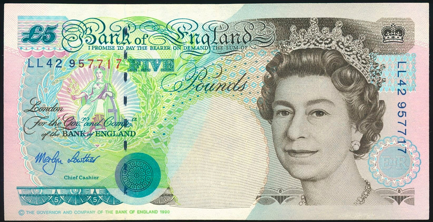 ENGLAND P.382Ab B381 1991-2002 Lowther £5 Replacement LL42 Choice AUNC 58