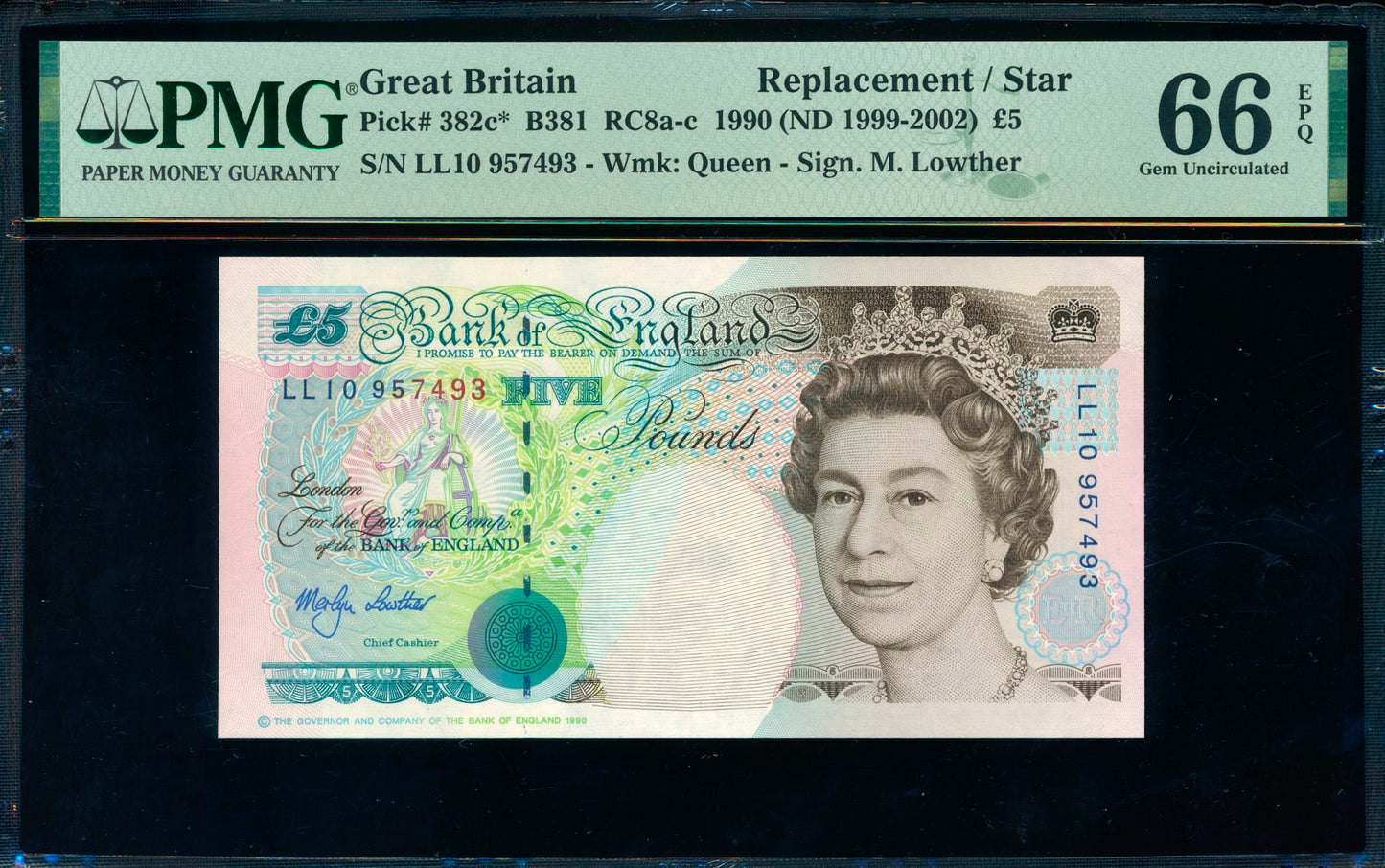 ENGLAND P.382Ab B381 1999-2002 Lowther Replacement £5 LL10 GEM UNC 66 EPQ