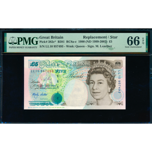 ENGLAND P.382Ab B381 1999-2002 Lowther Replacement £5 LL10 GEM UNC 66 EPQ