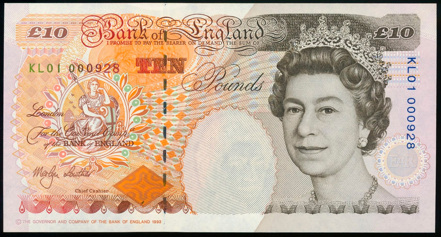 ENGLAND P.386b B382 1999-2000 Lowther First run £10 KL01 low serial no GEM UNC 65 EPQ