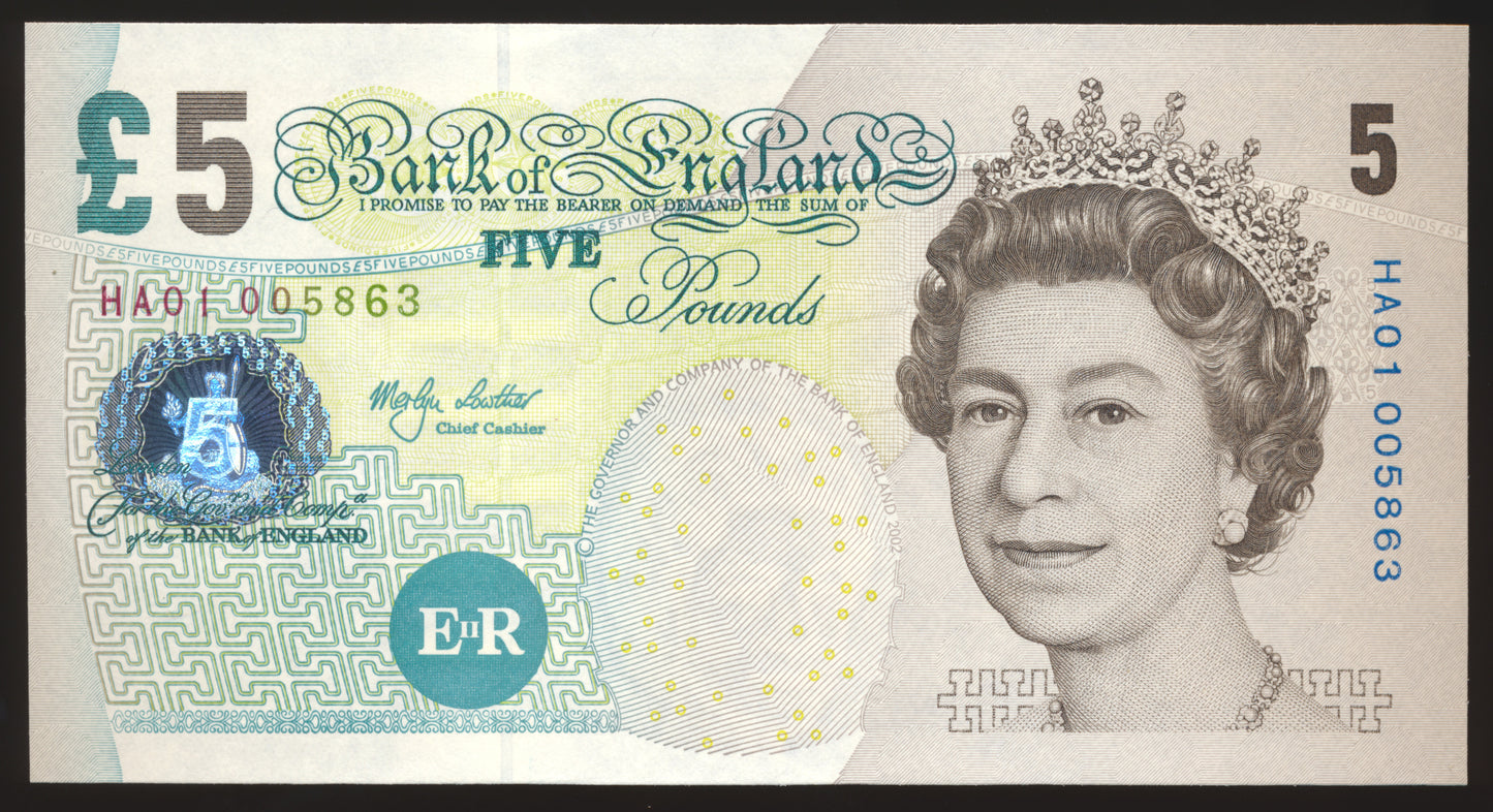 P.391a B393 2002 Bank of England Lowther First run £5 UNC HA01