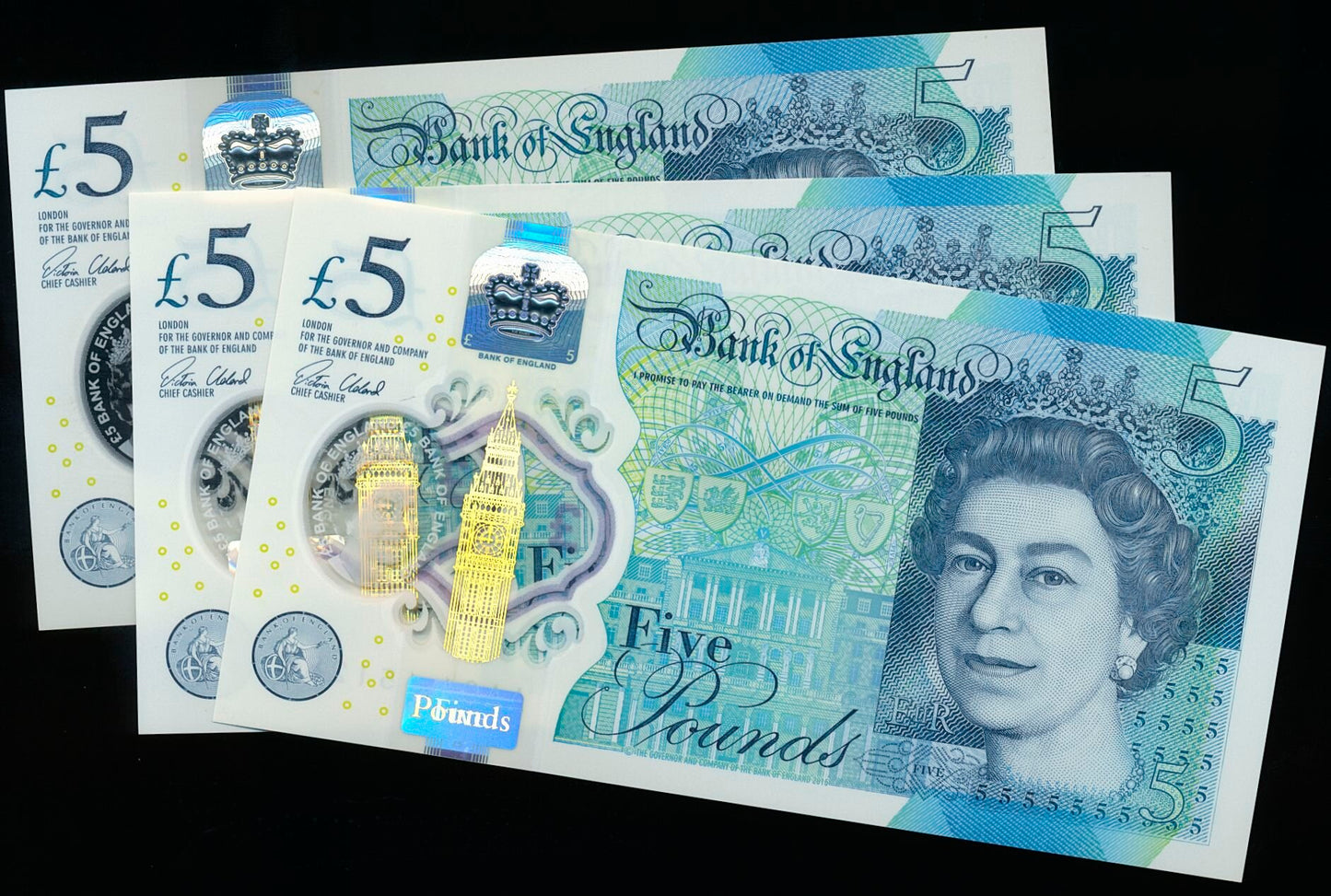 ENGLAND P.394 B414 2015-2019 Cleland First run £5 UNC AA01 3 consecutive notes