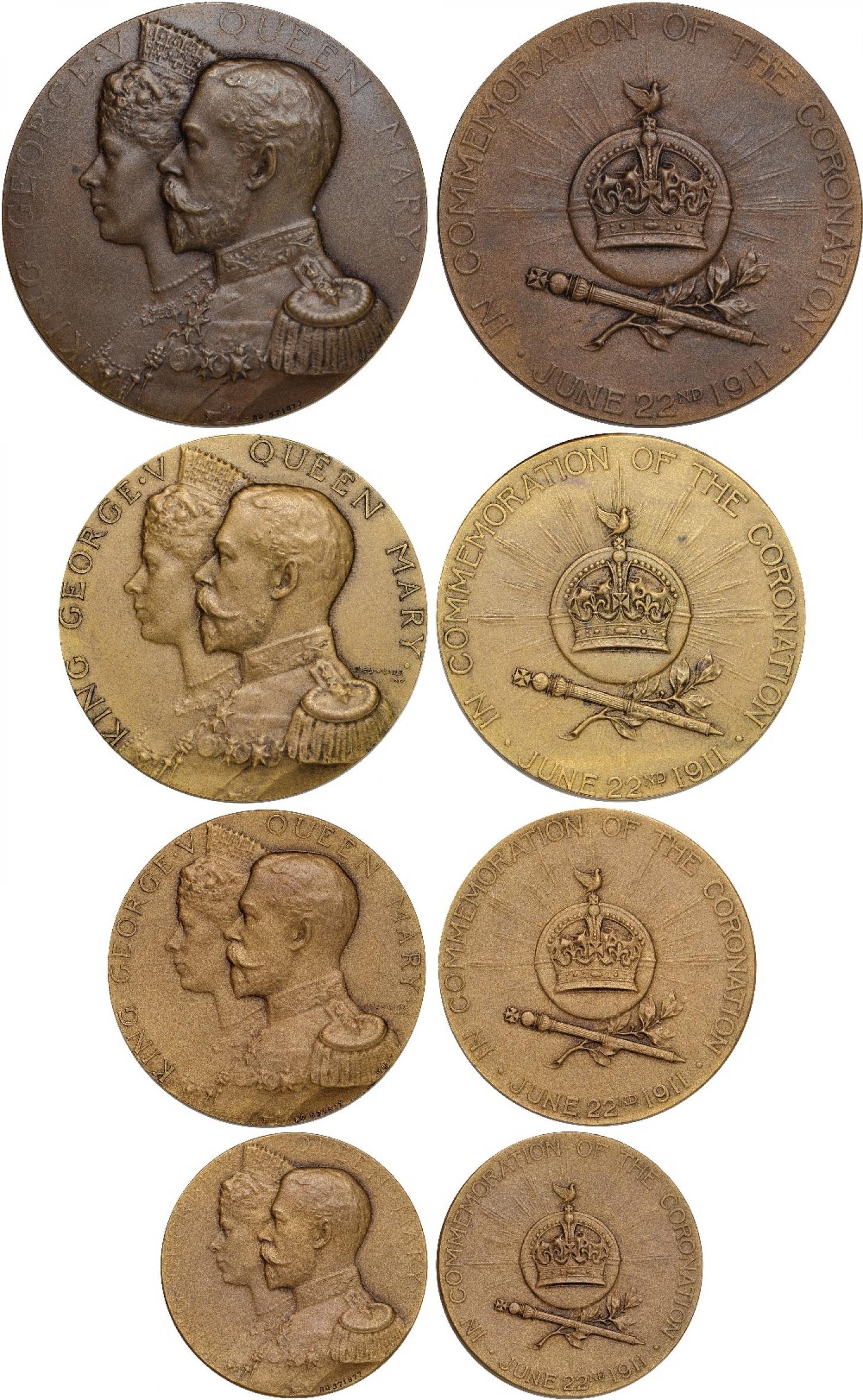 1911 Coronation cased set of four bronze medals BHM 4056 Extremely Rare UNC