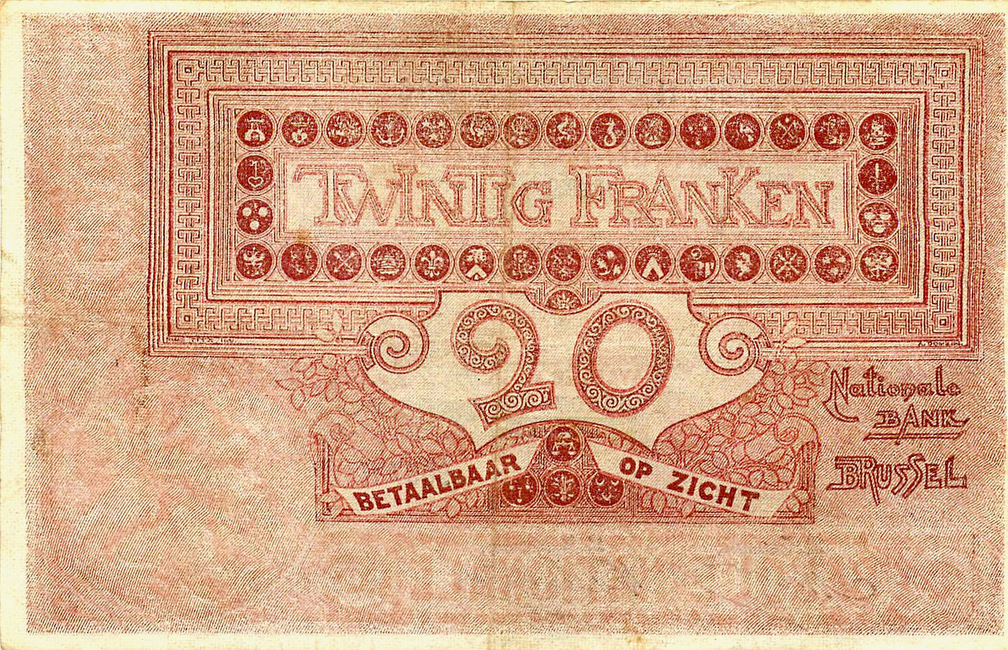 BELGIUM P.67 1914 20 Francs GVF