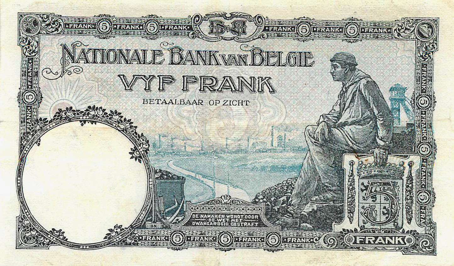 BELGIUM P.93 1924 5 Francs EF