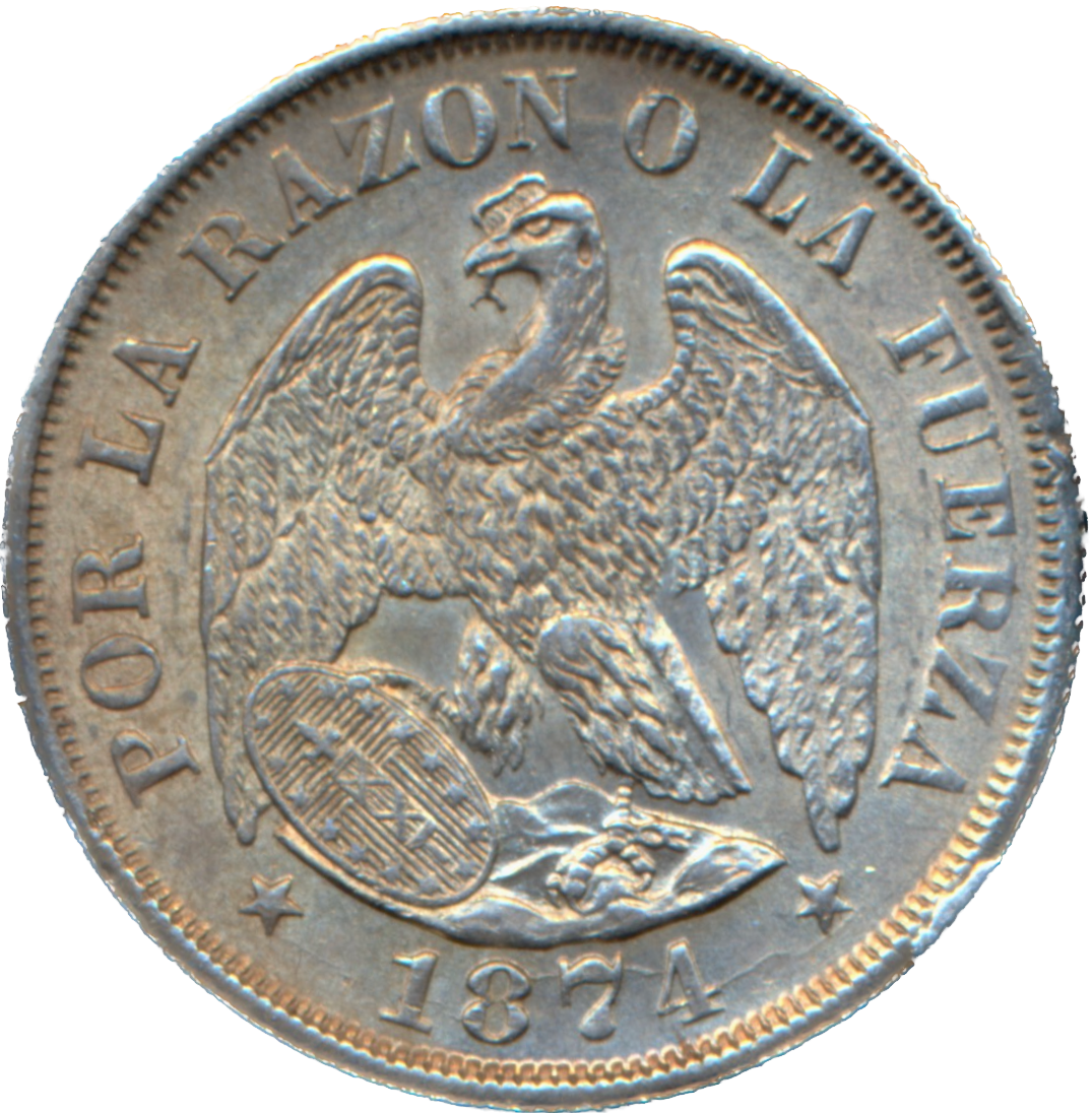 Chile KM138.1 1874 Silver 20 Cents EF