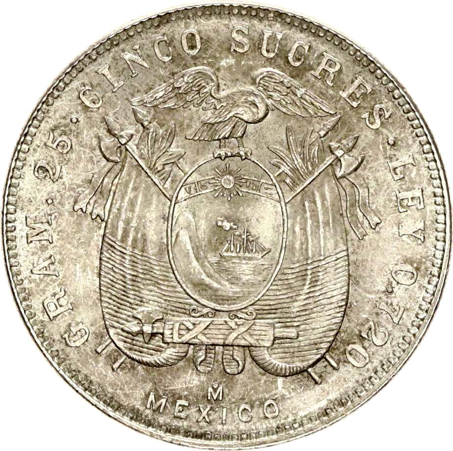 Ecuador KM79 1944 Silver 5 Sucres UNC