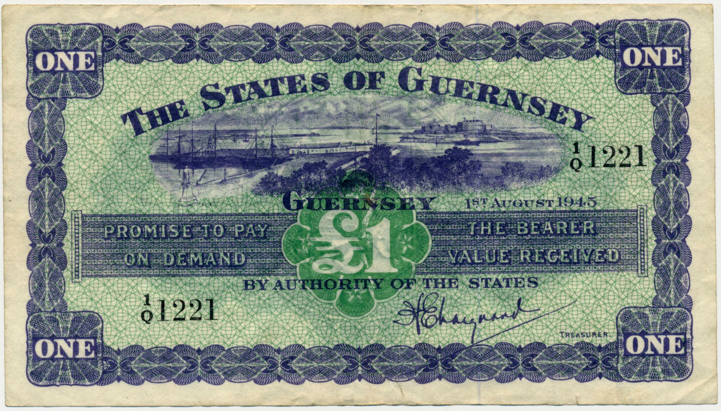 GUERNSEY P.43a GU33a 1945 £1 GVF 1/Q