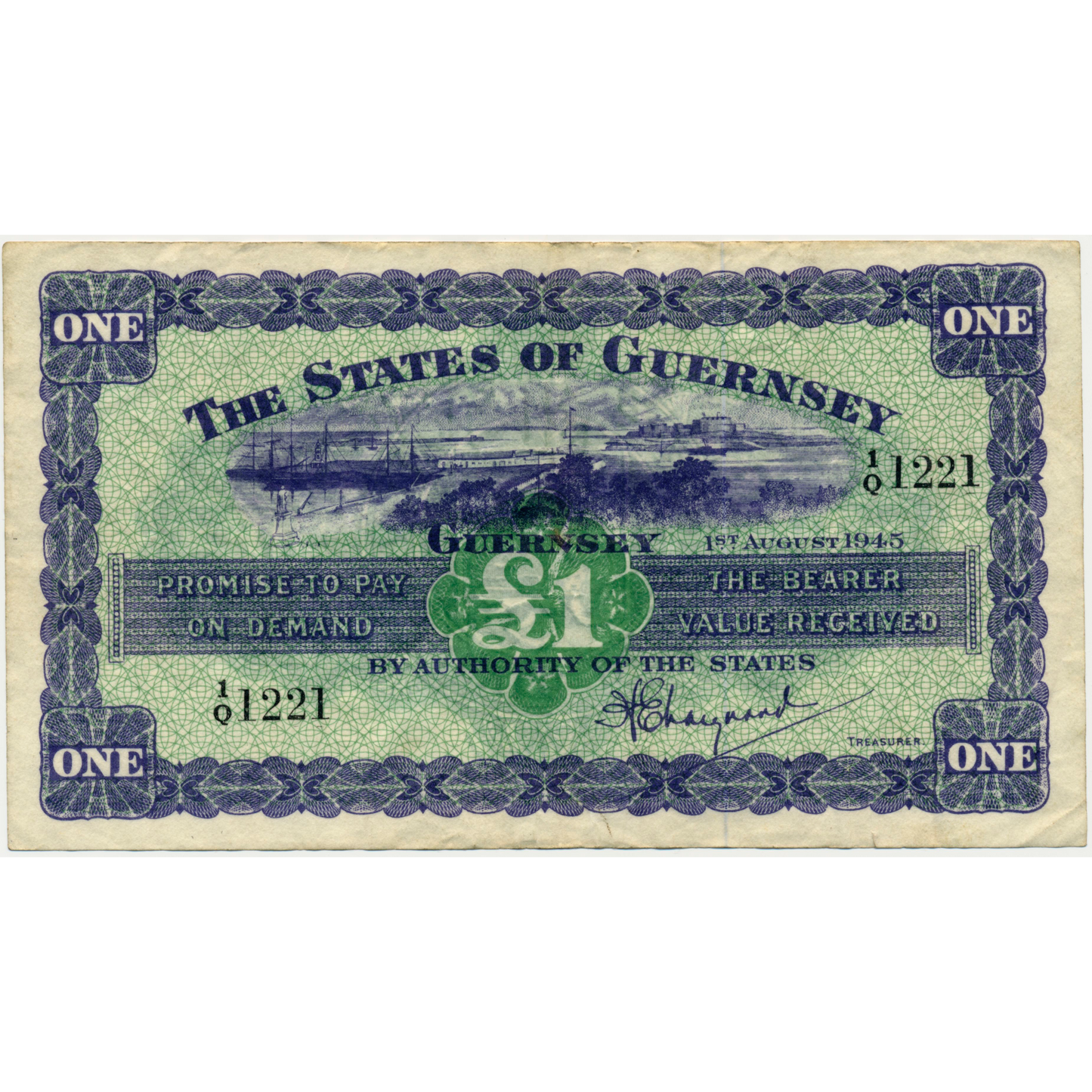 GUERNSEY P.43a GU33a 1945 £1 GVF 1/Q