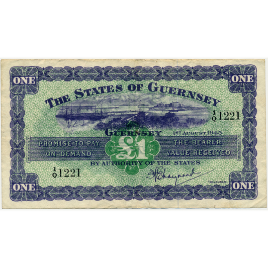 GUERNSEY P.43a GU33a 1945 £1 GVF 1/Q
