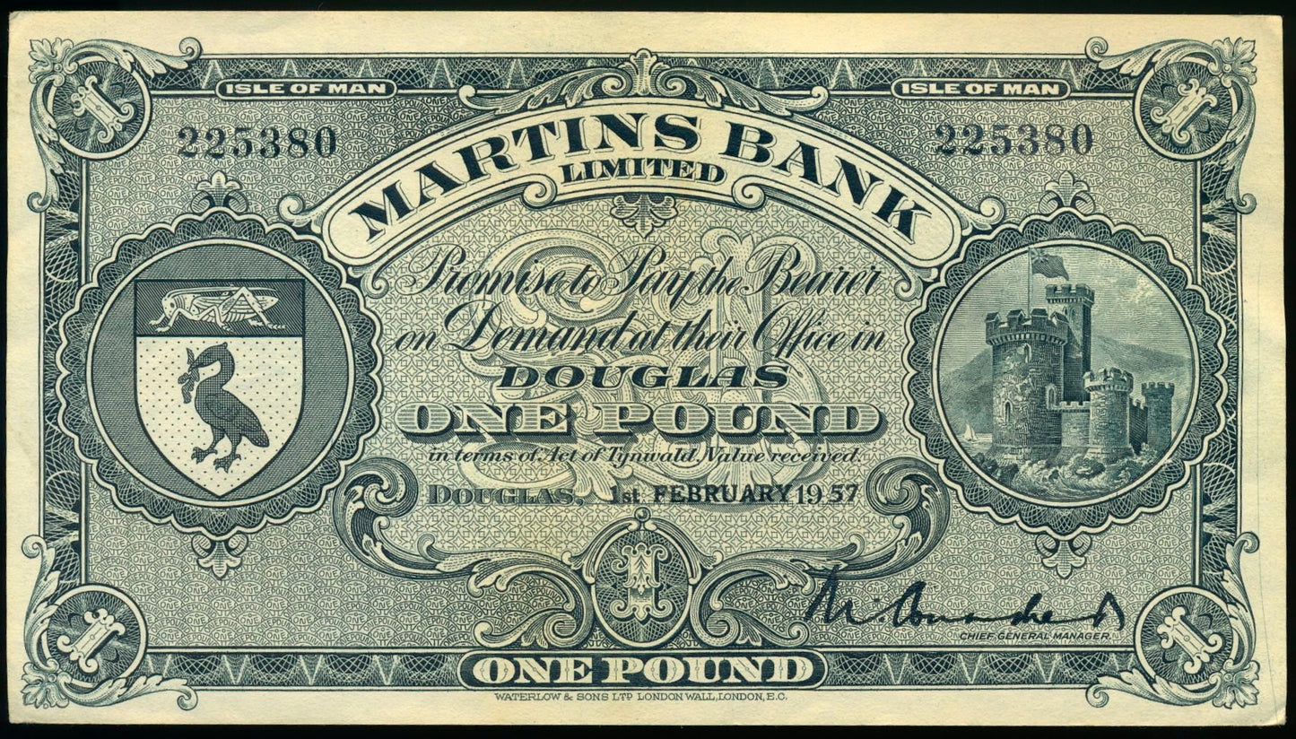ISLE OF MAN P.19b IM19b Martins Bank 1957 £1 Choice UNC 63 EPQ