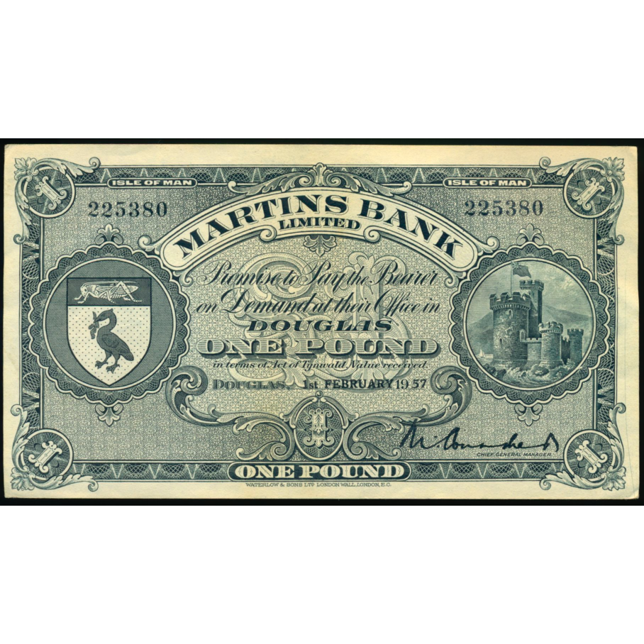 ISLE OF MAN P.19b IM19b Martins Bank 1957 £1 Choice UNC 63 EPQ