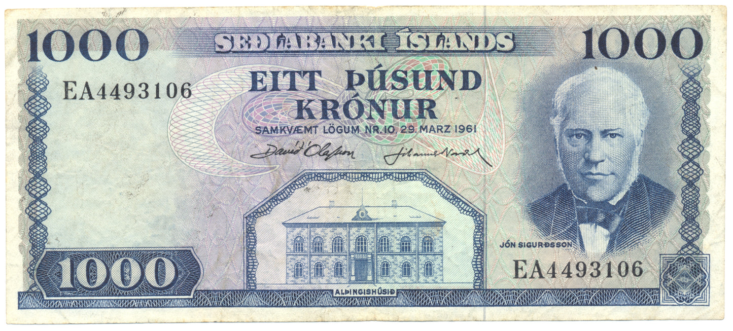 ICELAND P.45a 1961 1000 Kronur VF