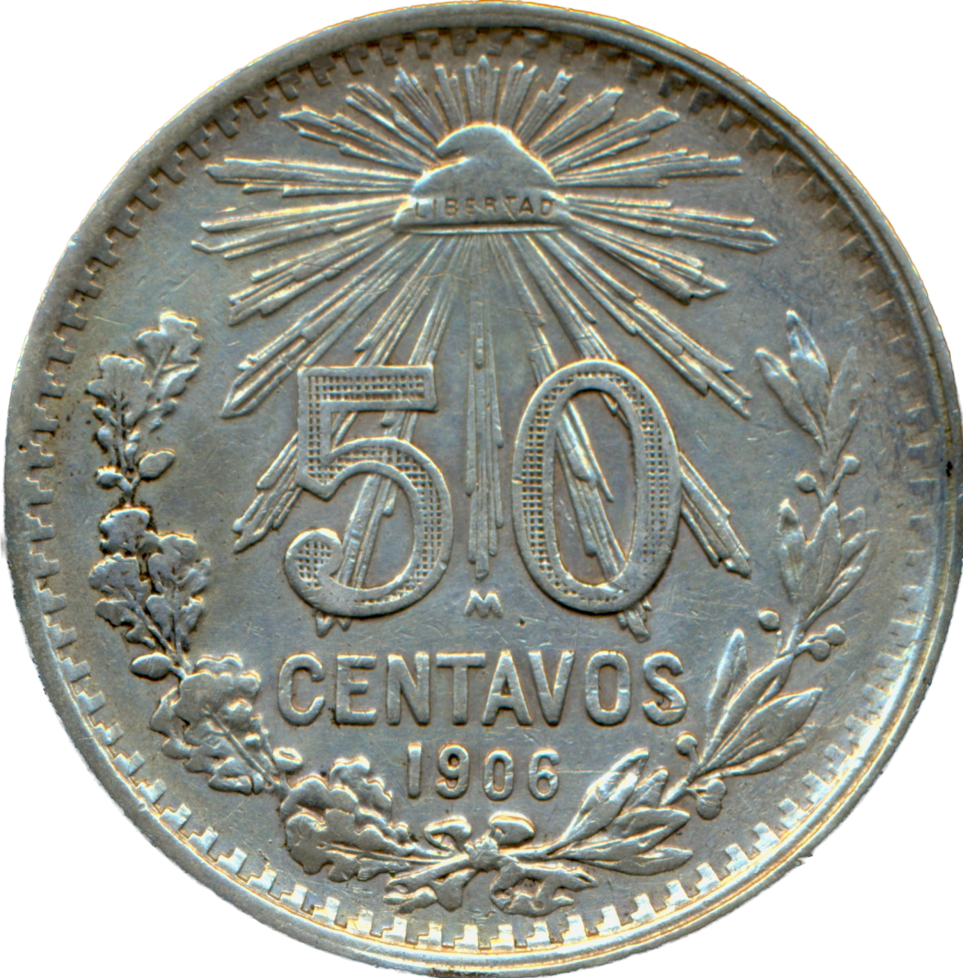 Mexico KM445 1906 Silver 50 Centavos NEF/GVF