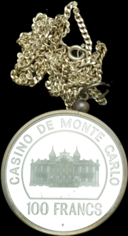 1977 (c) MONACO Casino de Monte Carlo, a silver 100 Francs token on chain in box of issue
