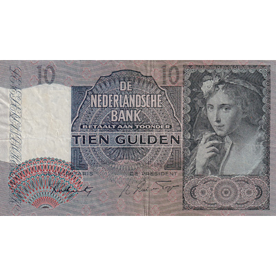 NETHERLANDS P.56b 1942 10 Guilden VF