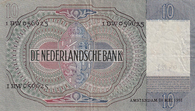 NETHERLANDS P.56b 1942 10 Guilden VF