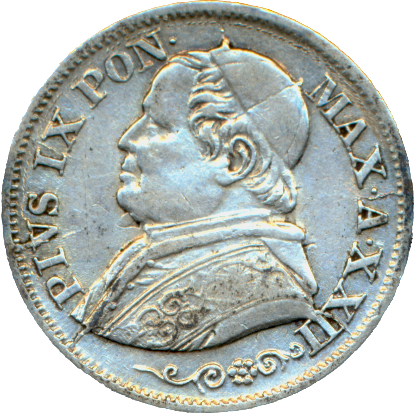 Papal States KM1376 1868 Silver 10 Soldi AVF