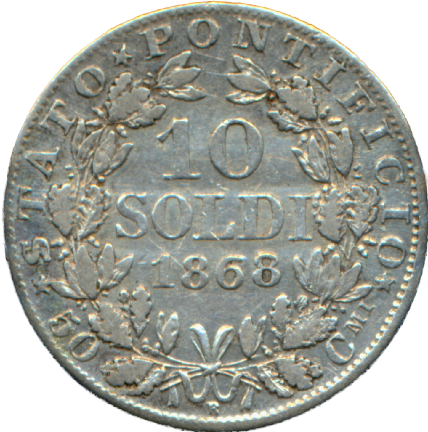 Papal States KM1376 1868 Silver 10 Soldi AVF