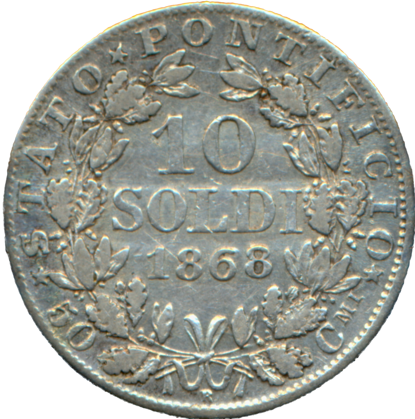 Papal States KM1376 1868 Silver 10 Soldi AVF