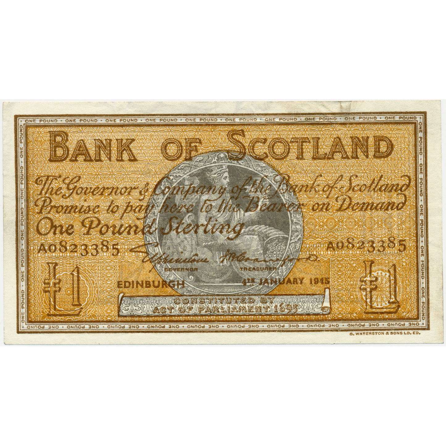 SCOTLAND P.96a SC104 1945 Bank of Scotland £1 GVF A