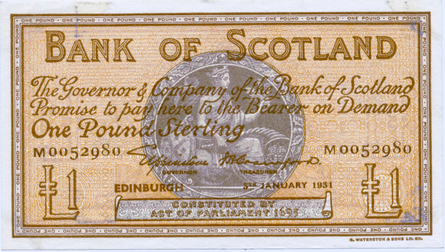 SCOTLAND P.96b SC105a 1951 Bank of Scotland £1 GEF M