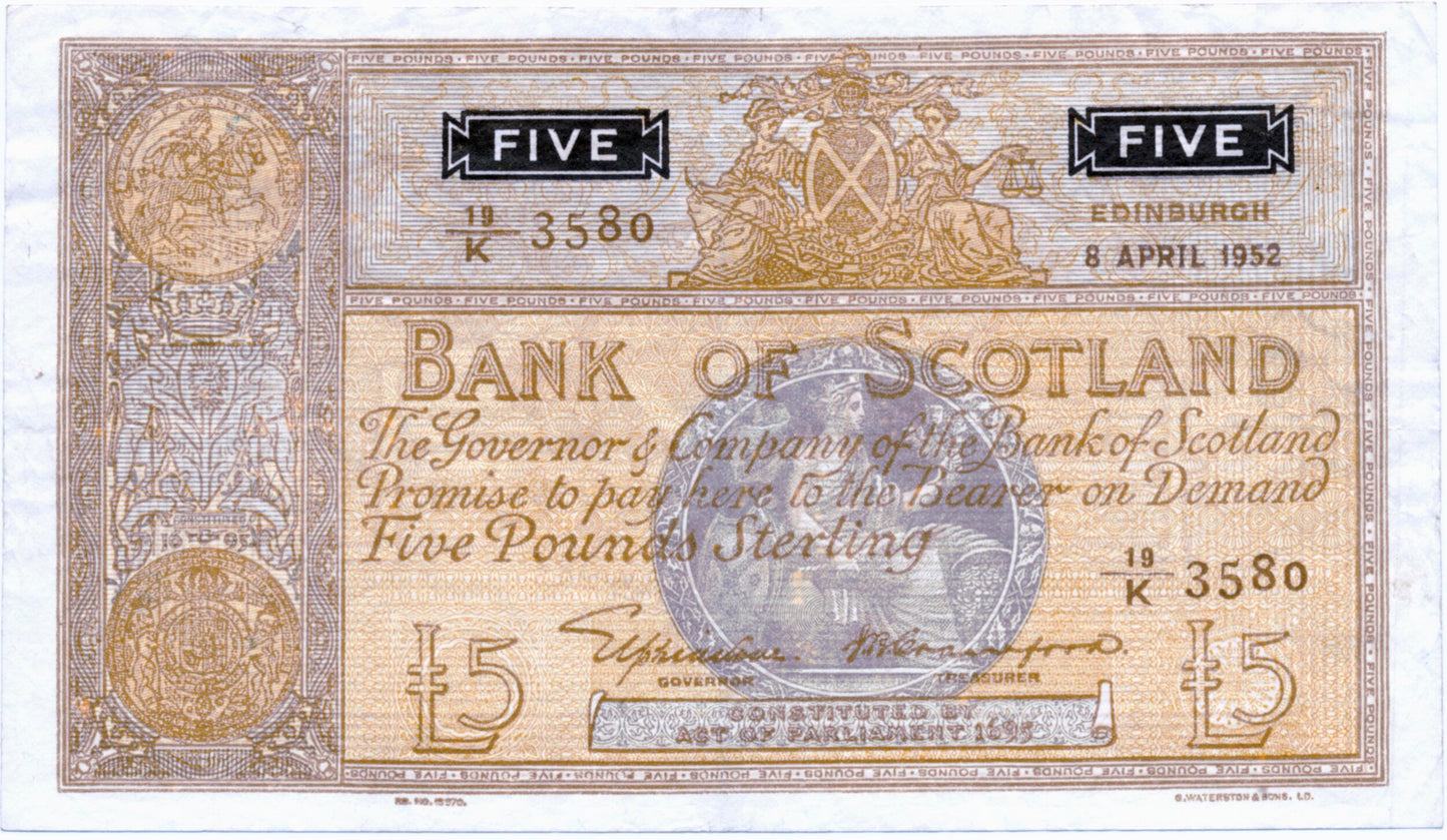 SCOTLAND P.98a SC115a 1952 Bank of Scotland £5 GVF 10/K