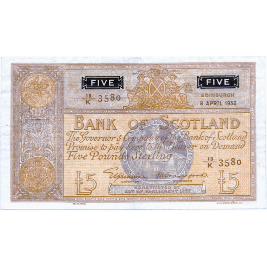SCOTLAND P.98a SC115a 1952 Bank of Scotland £5 GVF 10/K