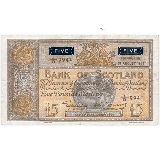 SCOTLAND P.98b SC115b 1953 Bank of Scotland £5 VF 3/O