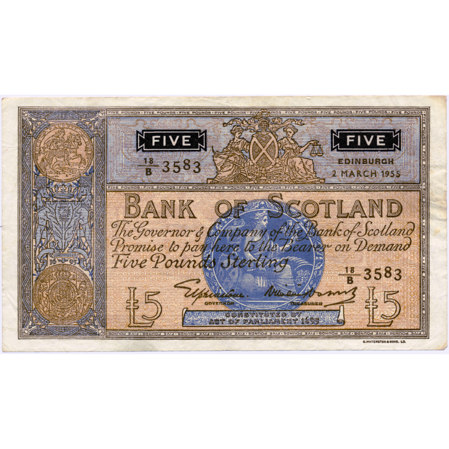 SCOTLAND P.99a SC116a 1955 Bank of Scotland £5 VF 18/B
