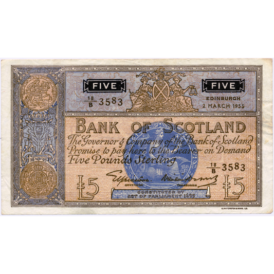 SCOTLAND P.99a SC116a 1955 Bank of Scotland £5 VF 18/B
