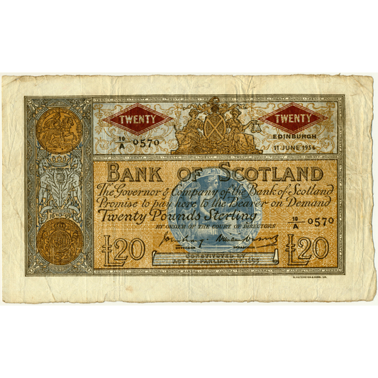 SCOTLAND P.94e SC143a 1956 Bank of Scotland £20 AVF 10/A