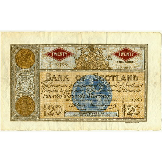 SCOTLAND P.94f SC143b 1960 Bank of Scotland £20 GVF 7/E