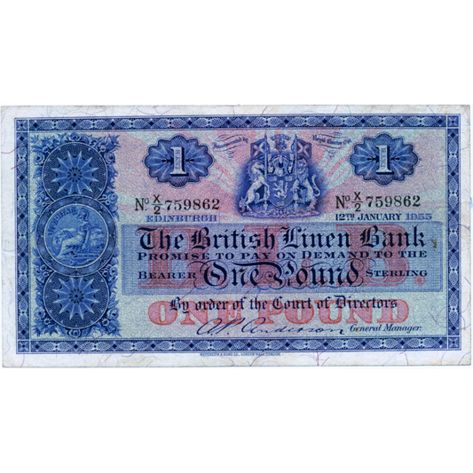 SCOTLAND P.157d SC205c 1955 British Linen Bank £1 GVF X/2