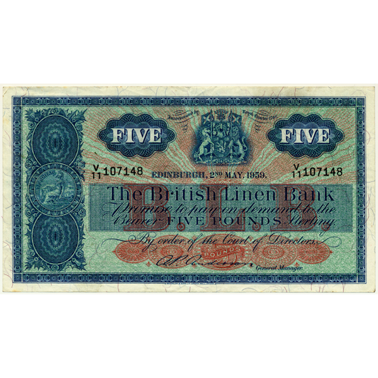 SCOTLAND P.161b SC214c 1959 British Linen Bank £5 VF V/11