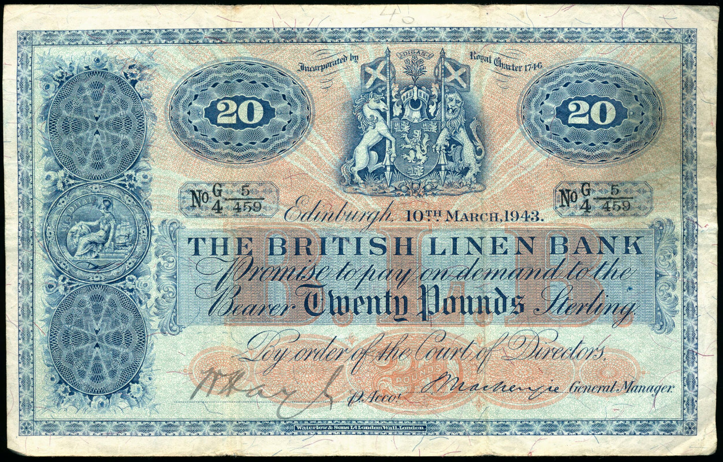 SCOTLAND P.159a SC234c 1943 British Linen Bank £20 AVF G/4