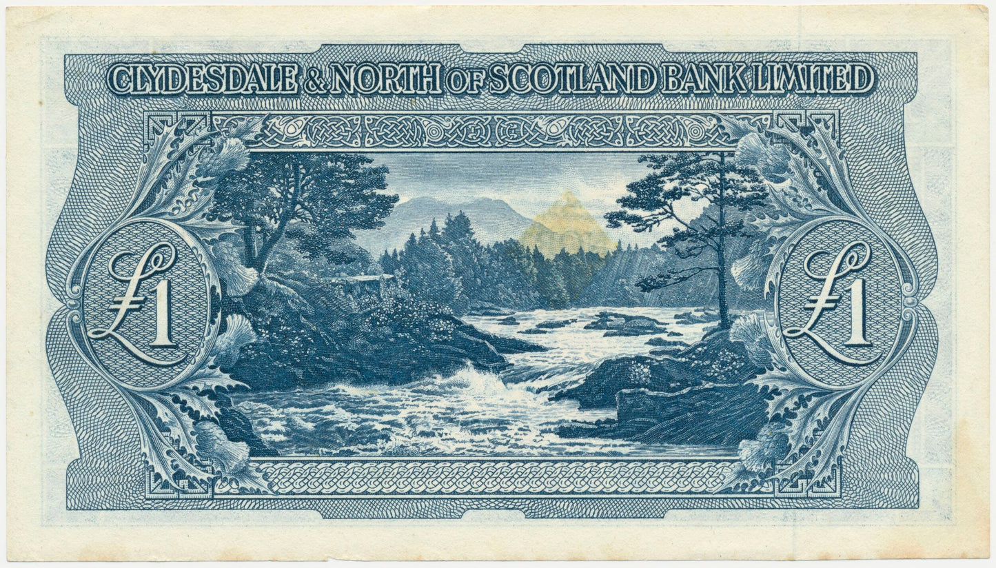 SCOTLAND P.191a SC311a 1954 Clydesdale & North of Scotland Bank £1 GVF J
