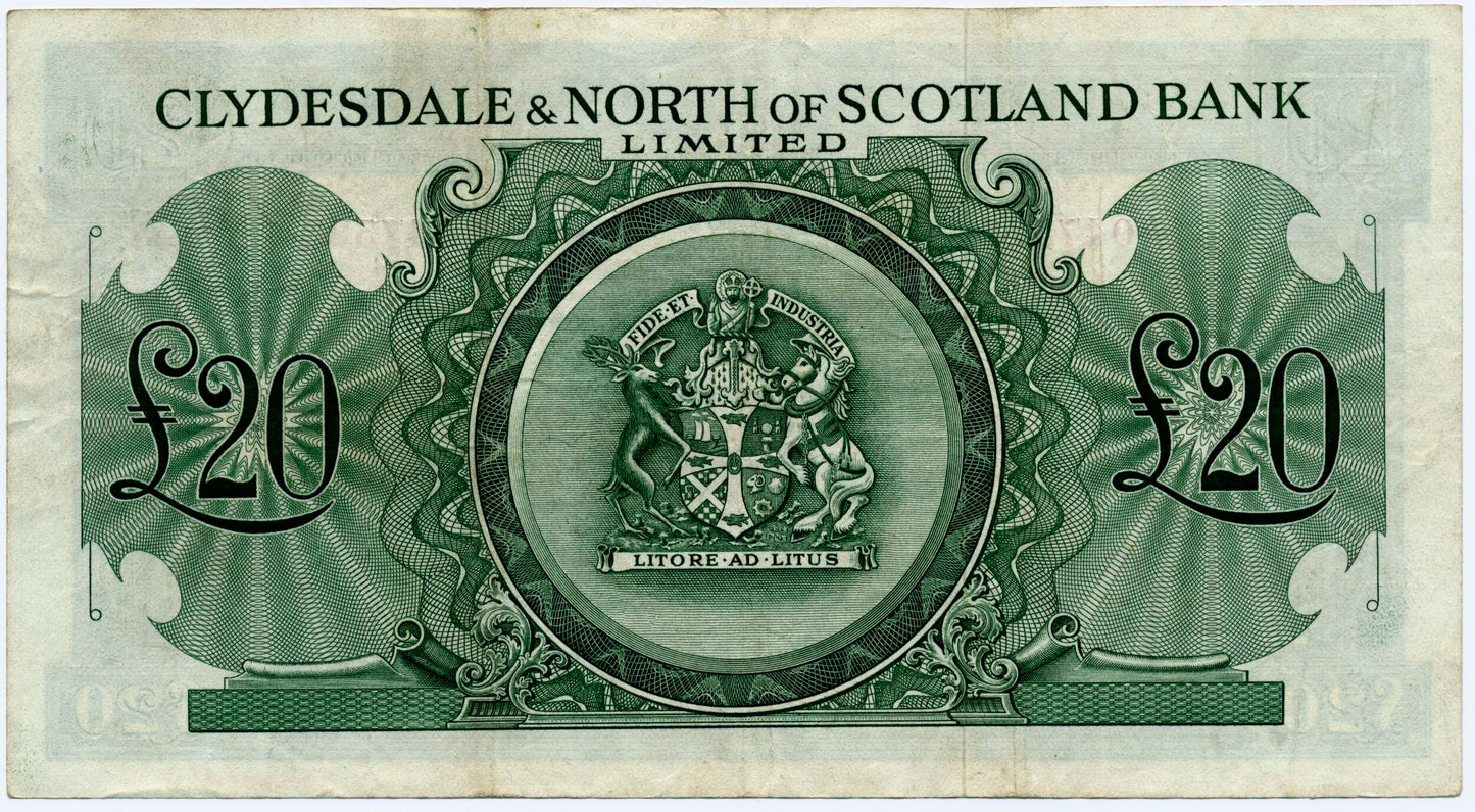 SCOTLAND P.193a SC315a 1951 Clydesdale & North of Scotland Bank £20 VF A