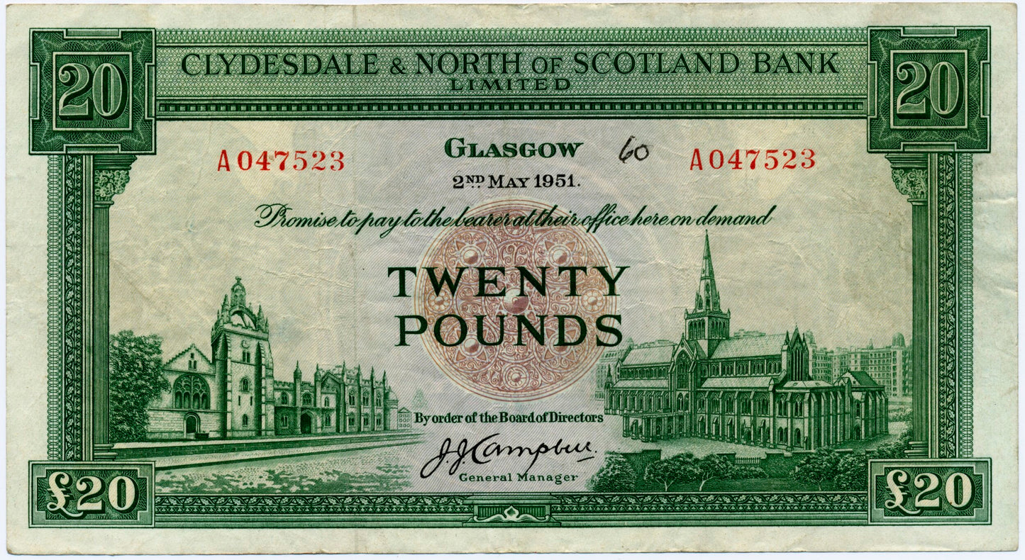 SCOTLAND P.193a SC315a 1951 Clydesdale & North of Scotland Bank £20 VF A