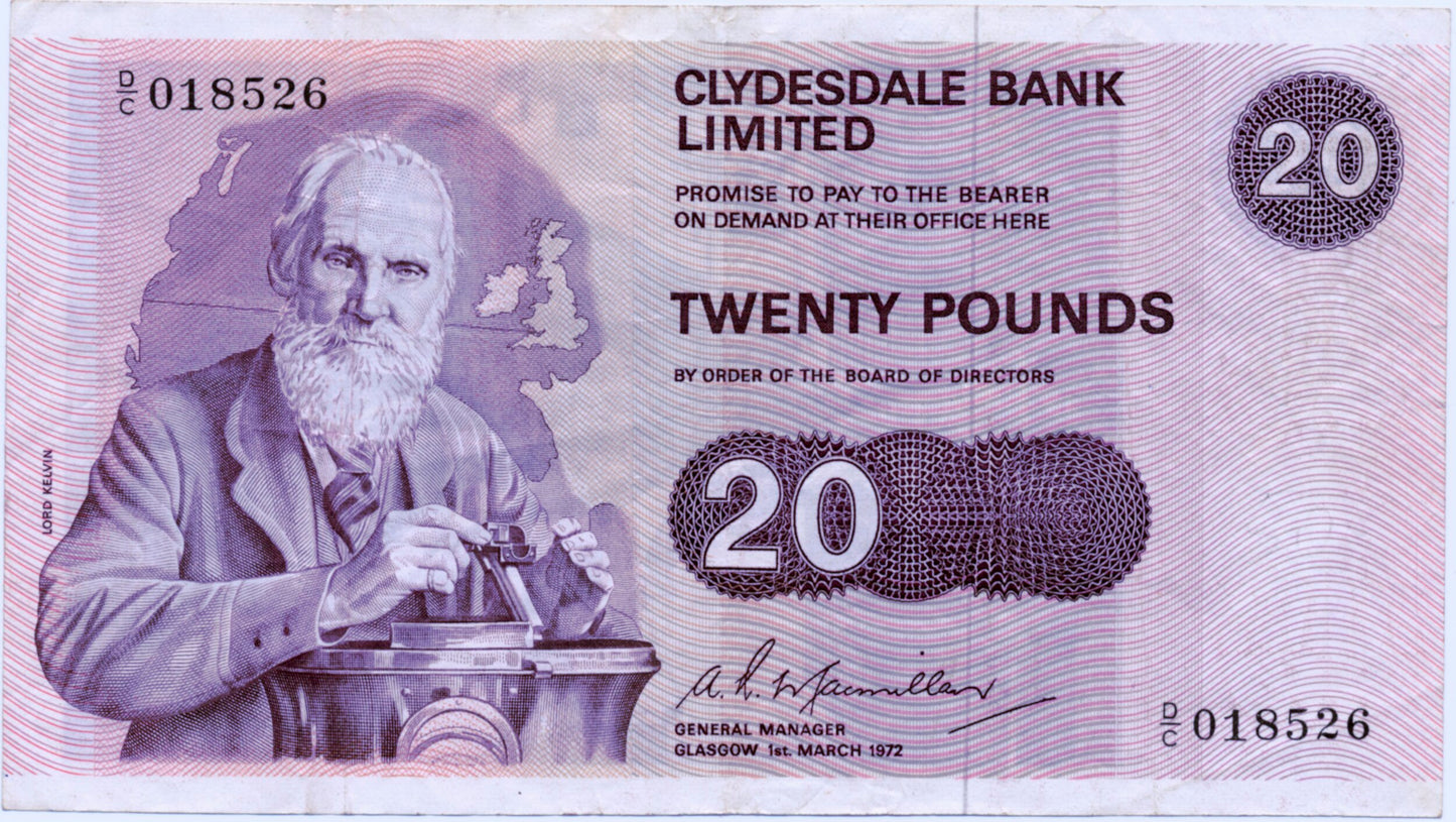 SCOTLAND P.208a SC324a 1972 Clydesdale Bank £20 VF D/C