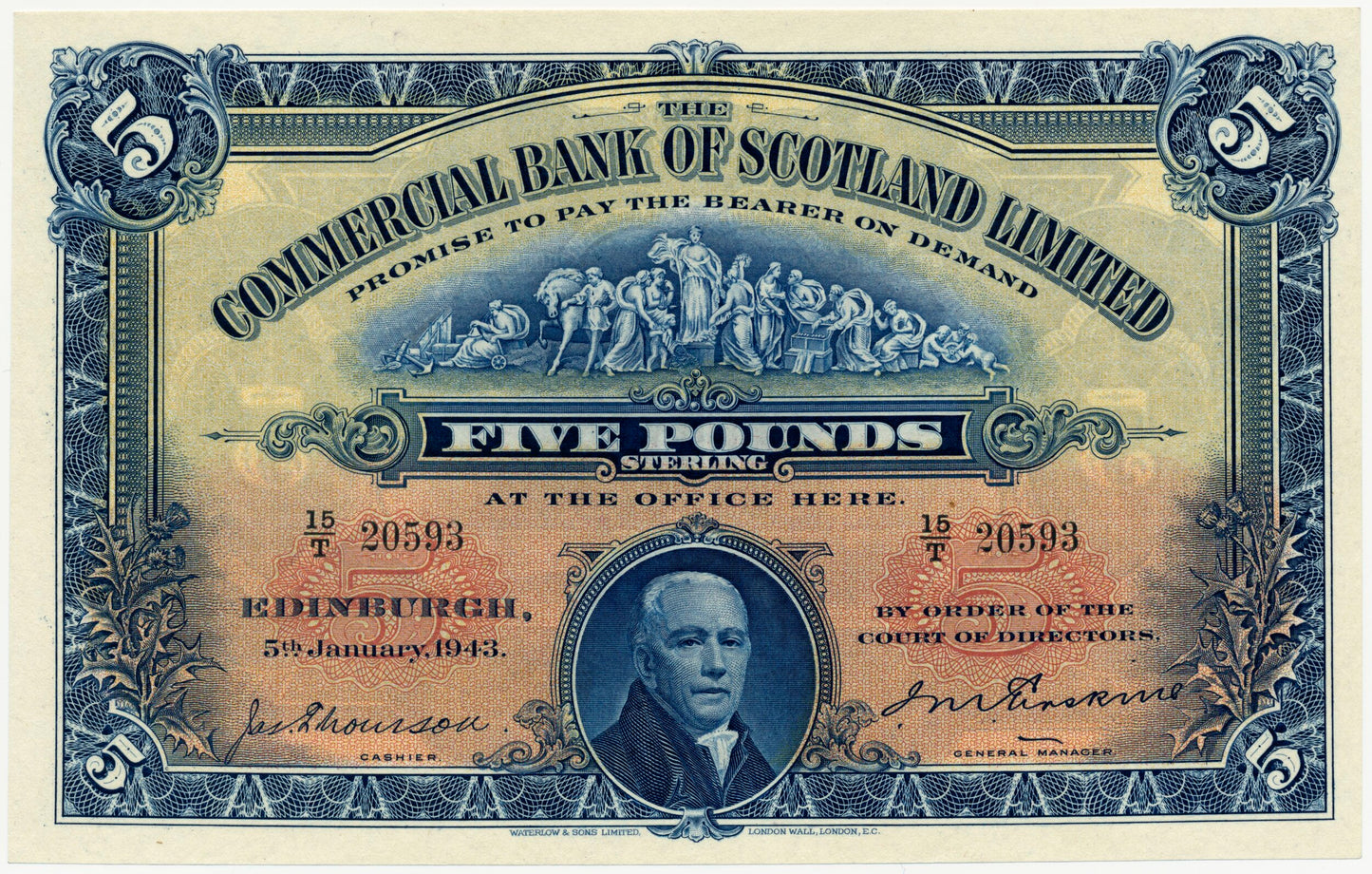 SCOTLAND P.S328b SC413d 1943 Commercial Bank of Scotland £5 AUNC55