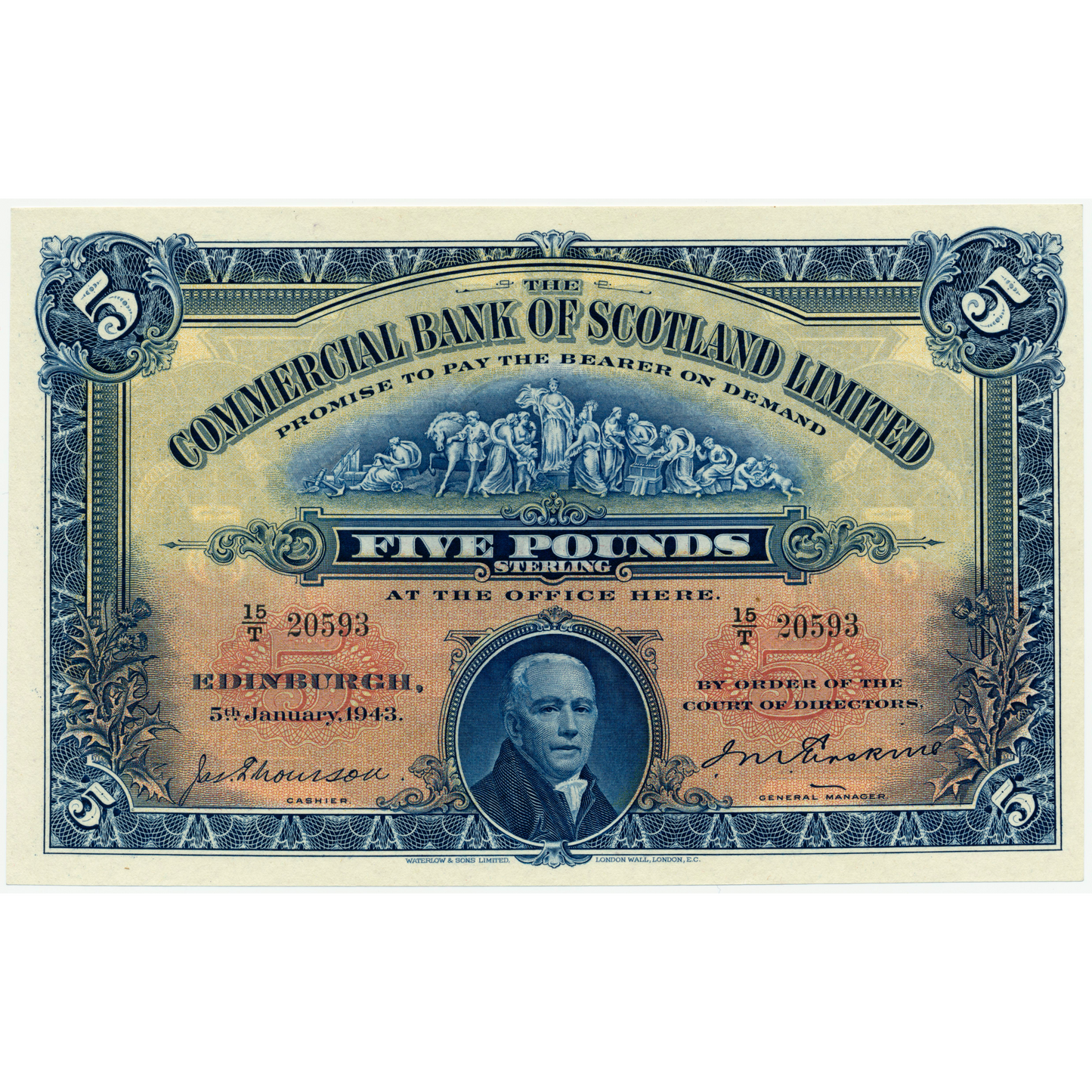 SCOTLAND P.S328b SC413d 1943 Commercial Bank of Scotland £5 AUNC55