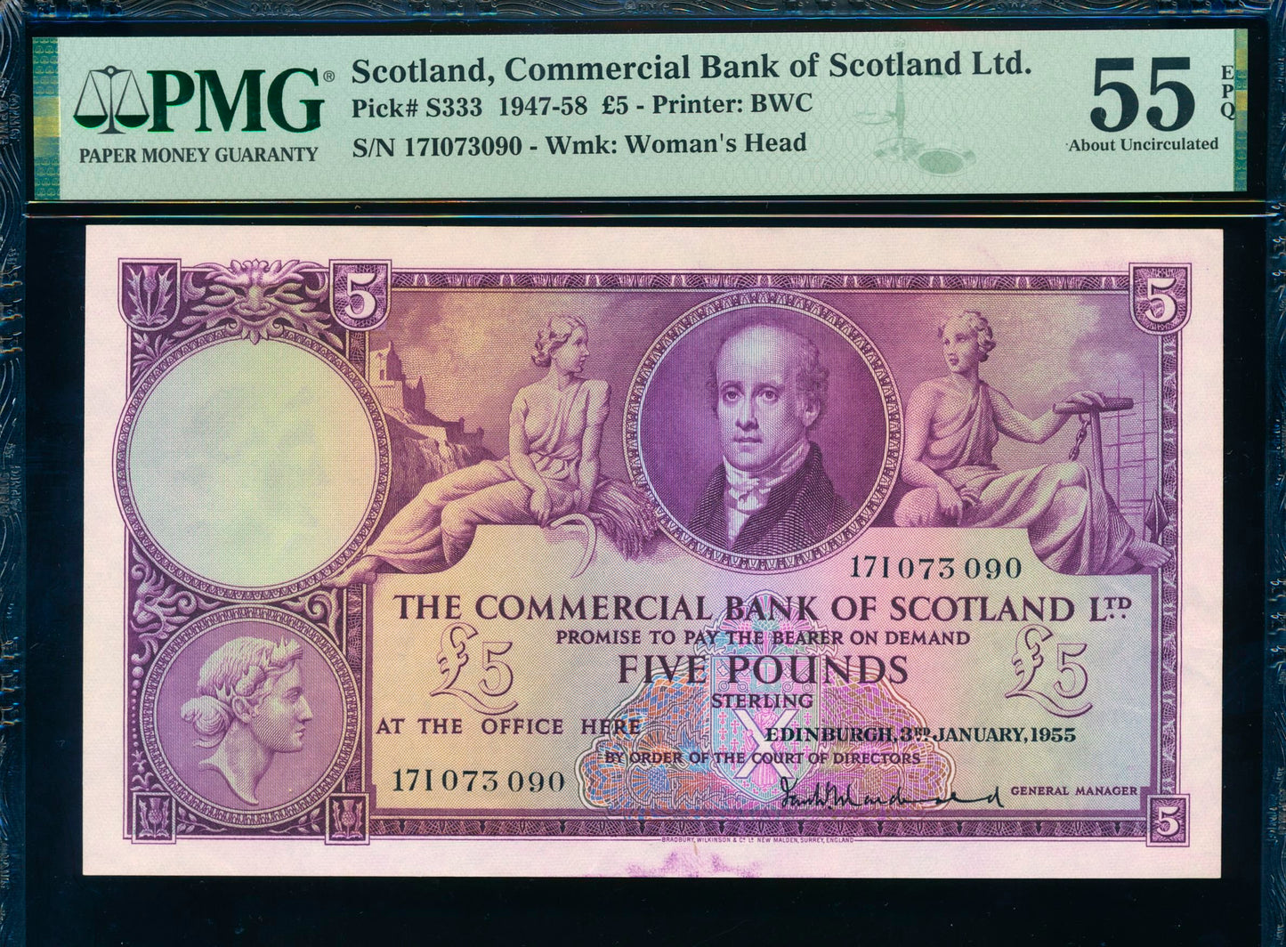 SCOTLAND P.S333 SC414b 1955 Commercial Bank of Scotland £5 17I AUNC 55 EPQ