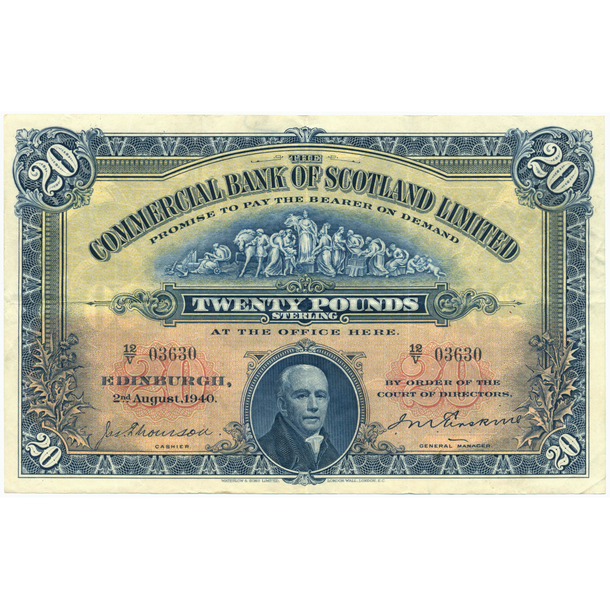 SCOTLAND P.S329b SC423d 1940 Commercial Bank of Scotland First series £20 VF30