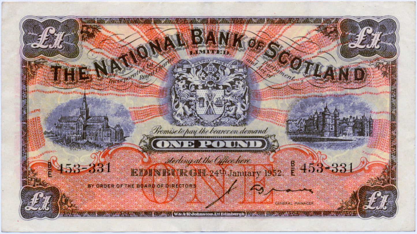 SCOTLAND P.258b SC503c 1952 National Bank of Scotland £1 EF B/E