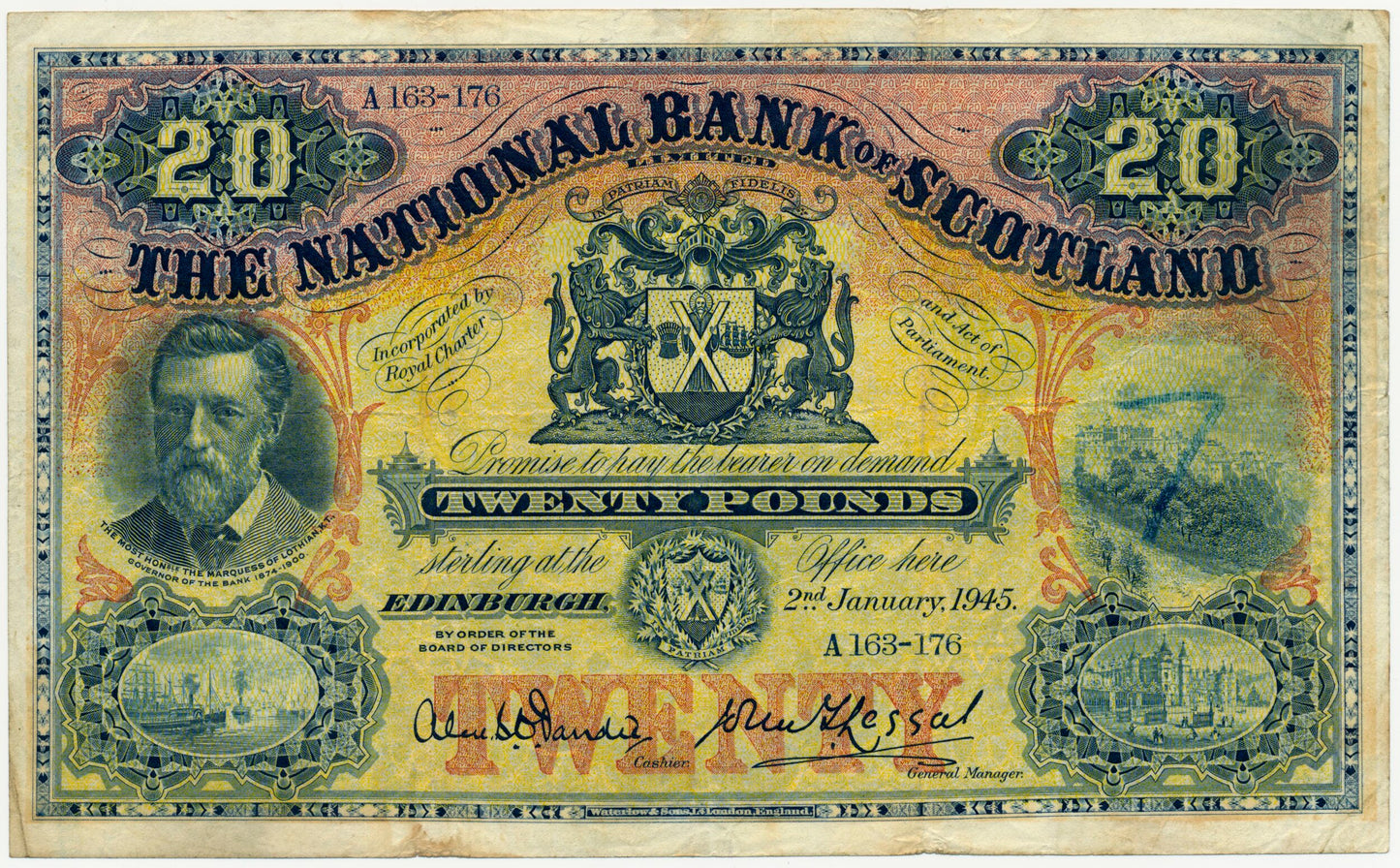 SCOTLAND P.260c SC522d 1945 National Bank of Scotland £20 AEF A