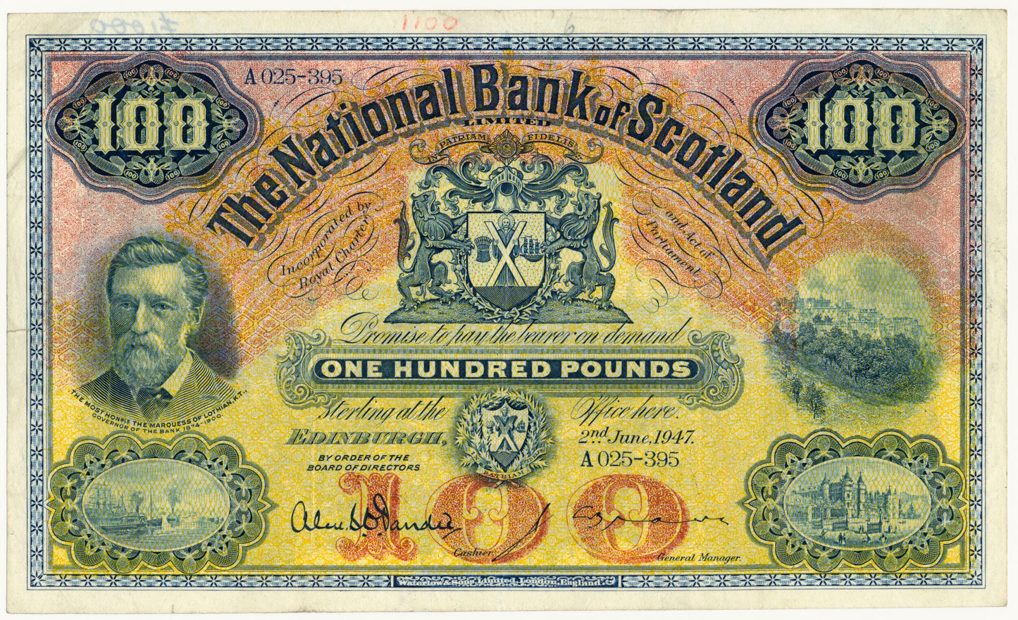 SCOTLAND P.261b SC532b 1947 National Bank of Scotland £100 VF30