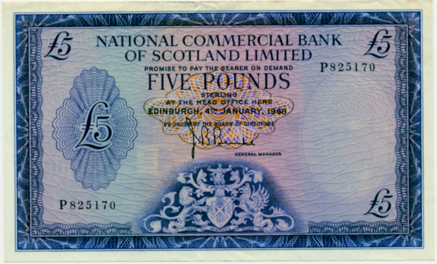 SCOTLAND P.275a SC613b 1968 National Commercial Bank of Scotland £5 VF B